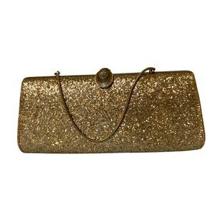 Vintage Glittery Gold Evening Clutch Handbag With Chain Strap Rhinestone Clasp